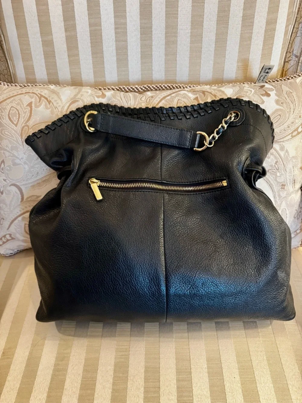 Tory Burch Black Leather Whipstitch Chain-Handle Tote-Vintage - Picture 2 of 5